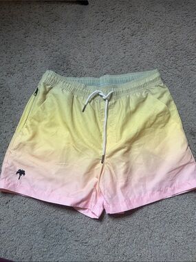 OAS Men's Yellow to Pink Gradient Swim Shorts with Palm Embroidery MEDIUM EUC